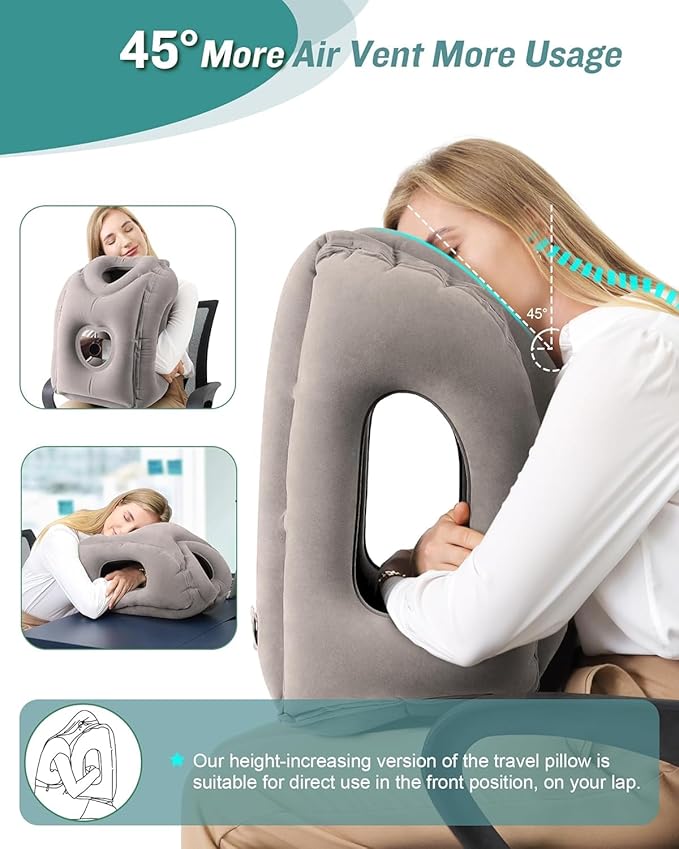 JefDiee Inflatable Travel Pillow for Airplanes, Airplane Neck Pillow Comfortably Supports Head and Chin for Airplanes, Trains, Cars and Office Napping (Grey)