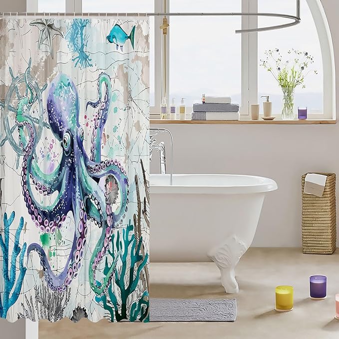 Feelyou Octopus Fabric Shower Curtain Ocean Kraken Shower Curtain for Kids Boys Girls Octopus Tentacles Bathroom Waterproof Accessories with 12 Hooks Nautical Curtains,72x78 Inches