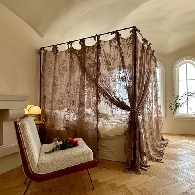 Elegant Lace Princess 4 Corner Post Mosquito Net Romantic for Girls Women Bed Curtain Canopy for Adult Wedding Bedroom Kids Rooms Decoration (Coffee, King)
