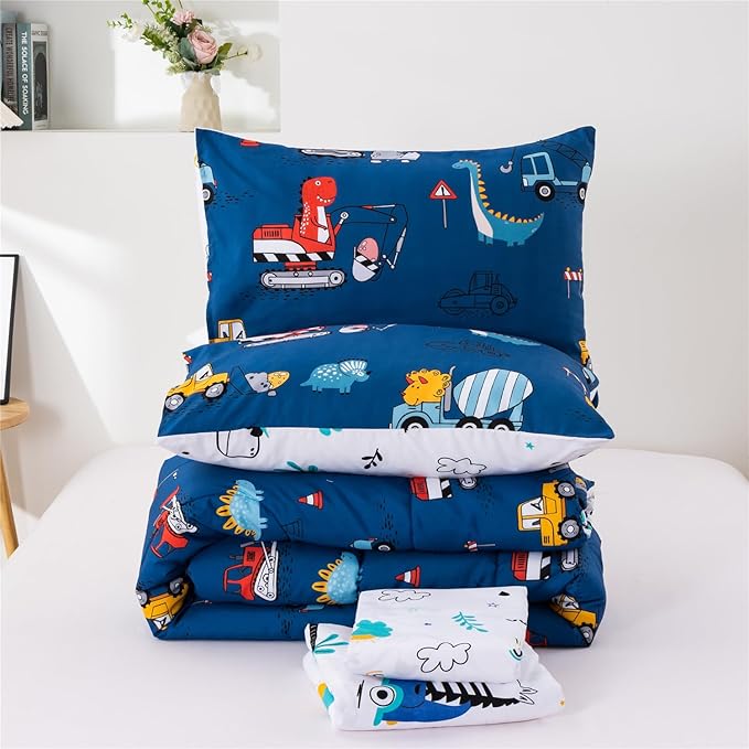 Meeting Story Construction Truck Car Twin Comforter Set for Boys,5 Pieces Dinosaur Bedding Set with Sheets and Pillowcases，Excavator Lightweight Microfiber Bedding Sets（Blue，Twin5pcs）