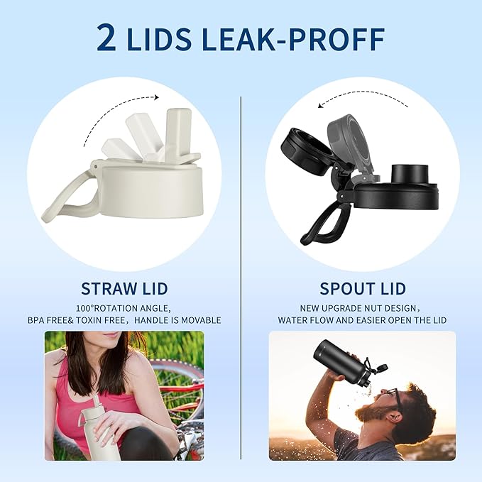 32 oz Insulated Water Bottle with Paracord Handles & Strap, 2 Lids(Straw Lid&Spout Lid), Stainless Steel Reusable Wide Mouth Metal Water Bottle With Straw, Double Walled, Thermo Mug（Cream)