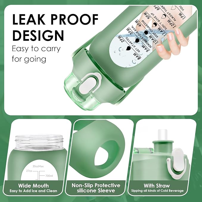 32 oz Glass Water Bottle with Time Marker - 1000ml Large Sports Motivational Water Bottles with Handle & Silicone Case, 1 Liter Leak-proof Measured Drinking Bottle for Gym Fitness Workout (Green)