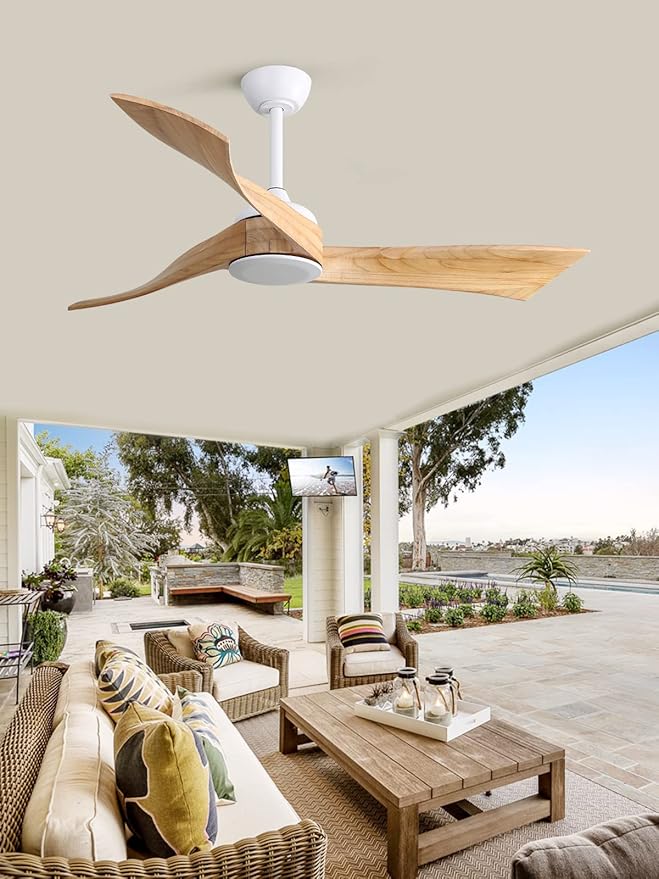 Sofucor 52" Ceiling Fan no Light, Outdoor Ceiling Fan Without Light Wood Ceiling Fan with Remote Control, 3 Blade Ceiling Fan with Quiet Energy Saving Motor, 6 Speeds, Burlyood