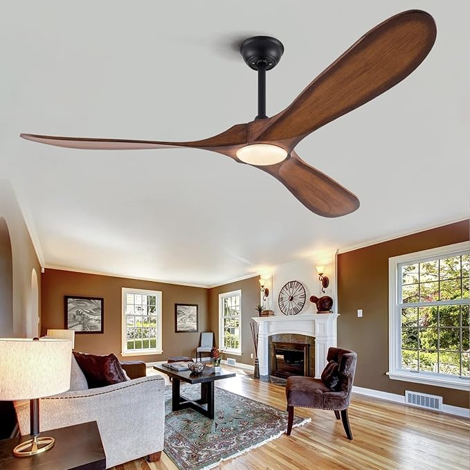 BOJUE Ceiling Fans with Lights 60 Inch Indoor Outdoor Ceiling Fan with Remote Control & 3 Wood Blade,Wood Ceiling Fan for Patio Living Room Bedroom (Light Brown Blades)