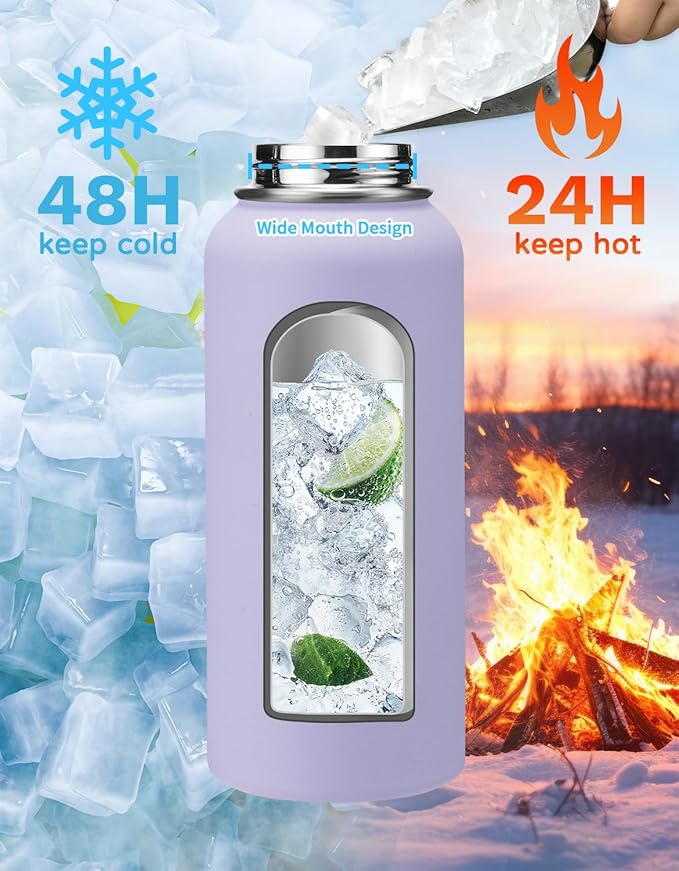 32oz/40oz/64oz Insulated Water Bottle with Straw & Spout Lids, Paracord Handle, Bottle Sleeve, Silicone Boot, Thermal Metal Flask Jug Keep Cold 48H & Hot 24H, Hydro Bottle for Travel Work Camping