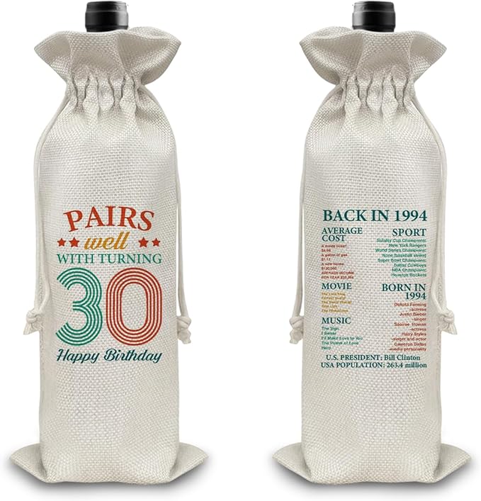 30th Birthday Gifts Wine Bag Congratulations Gifts for Women Men Parents Mom Dad Anniversary Favors 1994 with Time Information Wine Gift Bag