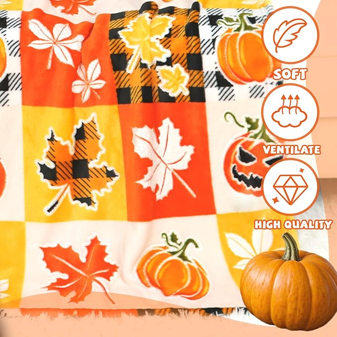 Pumpkin Blanket Checkered Blanket Plaid Glow in The Dark Blanket for Kids Women Fall Blanket Halloween Decorations for Room