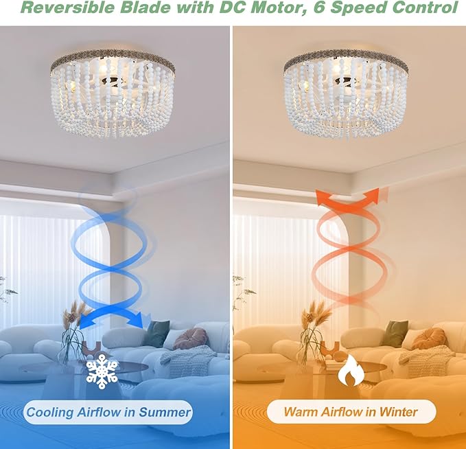 Boho Wood Beads Ceiling Fan with Light & Remote, 18" Coastal Fandelier Ceiling Fan with Light,Flush Mount Caged Ceiling Fan with 6 Speeds, Bohemian Fandelier Chandelier Fan for Bedroom/Kitchen/Nursery