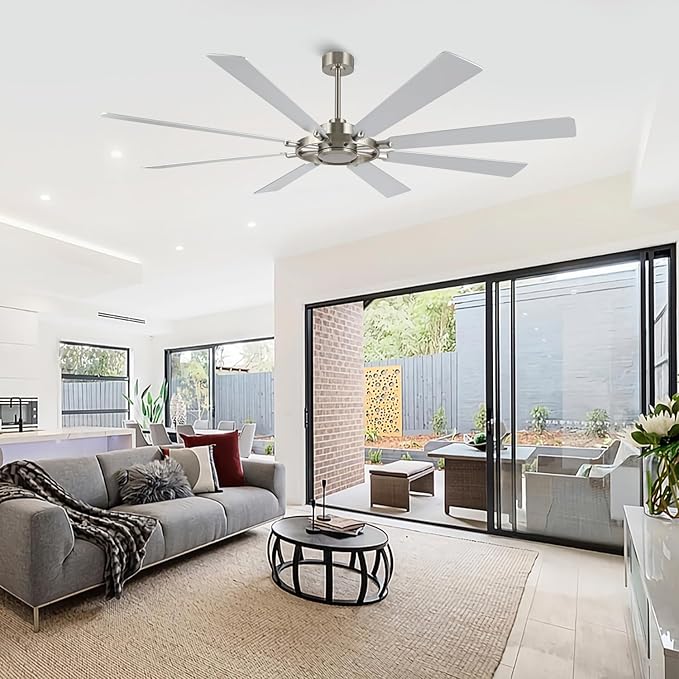 80 Inch Ceiling Fan Without Lights, Wood 8 Blades 6-Speed Noiseless Reversible DC Motor, Modern Large Ceiling Fan with Remote Control for Bedroom Dining Living Room, Nickel Finish+Silver