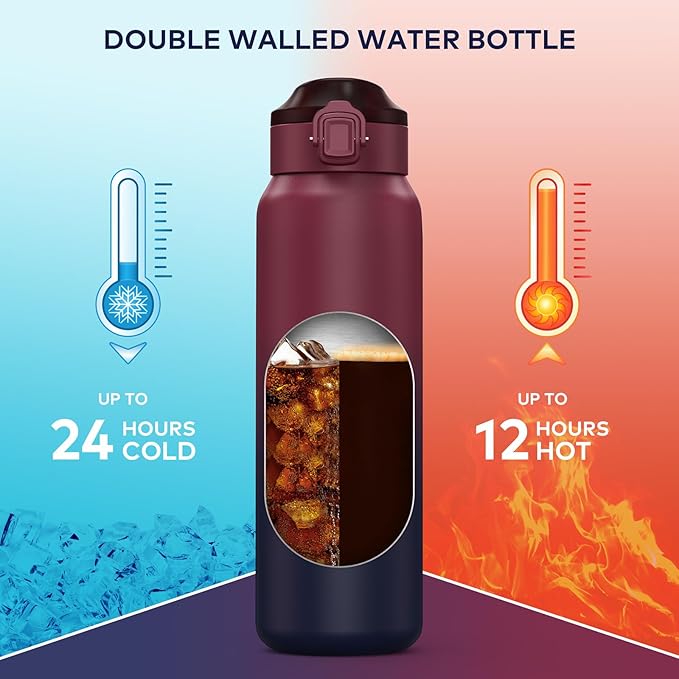 32oz Water Bottle with Removable Straw and Spout Lid Two Ways to Drink, 18/10 Stainless Steel Insulated Water Bottle, BPA-Free, Leak Proof, Double wall, for Sports, Gym