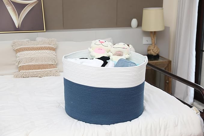 24" x 24" x 17" Max Size Large Cotton Rope Basket, Extra Large Storage Basket, Woven Laundry Hamper, Cloth Storage Bin, for Blankets Clothes Towels Pillows in Living Room, Dark Blue