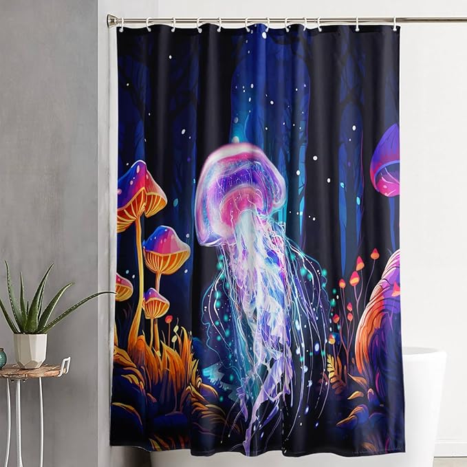 AILONEN Beautiful Jellyfish Shower Curtain,Magic Mushroom Waterproof Fabric Bath Curtain for Kids Girls,Boho Style Mysterious Planet Shower Curtain Set for Bathroom, 72" W*72" H