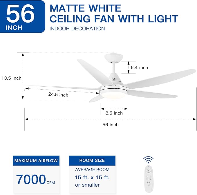 NicBex Ceiling Fan 56 Inch Modern Ceiling Fans with Integrated LED Light and Remote Control Double Finish Ceiling Fan with 5 ABS Blades for Living Room, Bedroom, White
