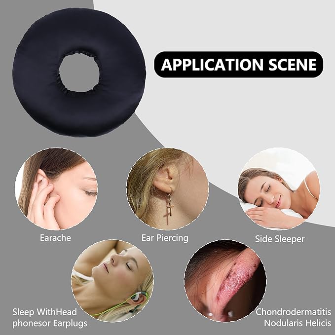 Ear Piercing Pillow for Side Sleepers - CNH Pillow with Ear Hole for Pain Relief, Pressure Sores & Inflammation - Donut Earring Pillow for Sleeping, Headphones & Tinnitus Support (Black)