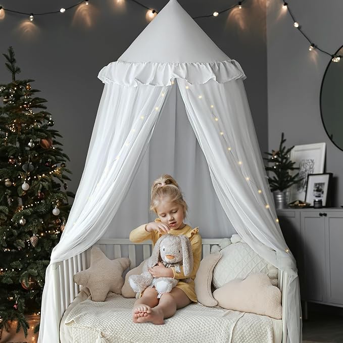Bed Canopy with String Light, Double Layer Mosquito Net Bed Canopies White Princes Fairy Canopy Tent for Girls, Adults, Hanging Bed Tent Drapes Bed Curtains Reading Nook, 27''x108''