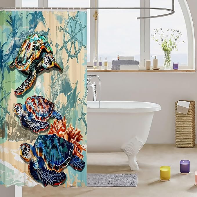 Feelyou Sea Turtle Shower Curtain Compass Fabric Shower Curtain for Kids Boys Girls Nautical Bathroom Waterproof Accessories with 12 Hooks Ocean Sea Adventure Curtains,72x78 Inches