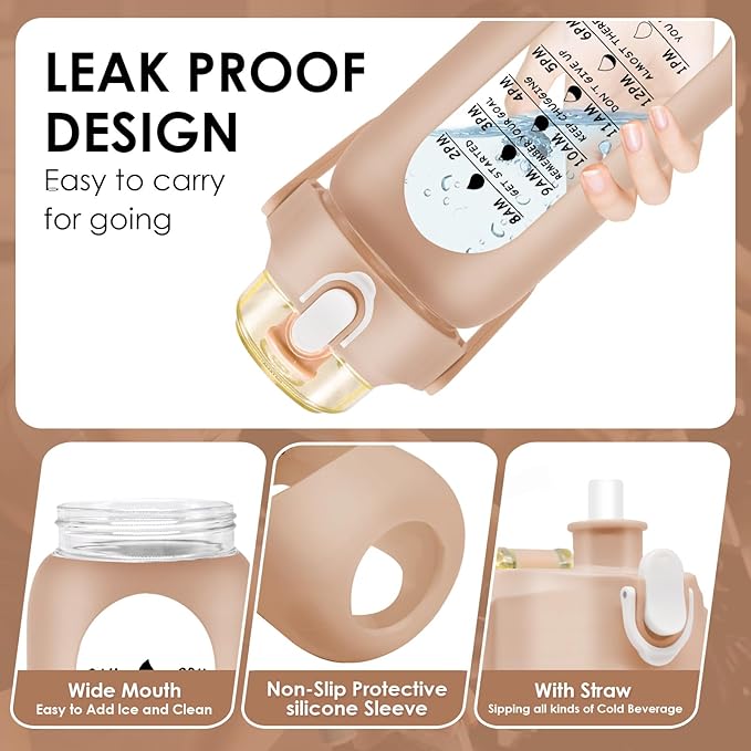 32 oz Glass Water Bottle with Time Marker - 1000ml Large Sports Motivational Water Bottles with Handle & Silicone Case, 1 Liter Leak-proof Measured Drinking Bottle for Gym Fitness Workout (Coffee)