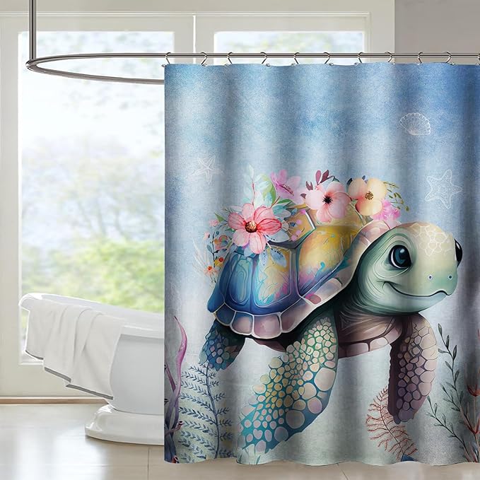 AILONEN Sea Turtle Shower Curtain,Kawaii Sea Turtle Bath Curtain Cloth Fabric Bathroom 72" W*72" H Inch,12 Pack Hooks for Kids,Ocean Animal Themed Bathroom Curtain