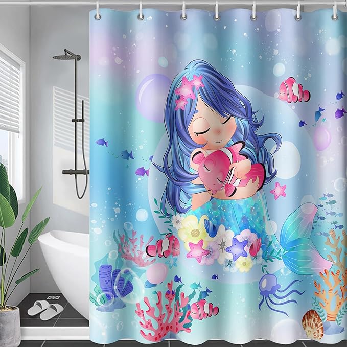 AILONEN Beautiful Mermaid Shower Curtain,Cute Mermaid Bath Curtain for Girls Teens,Ocean Curtain,Cartoon Fish Print Blue Waterproof Curtain for Bathroom Decor, 72" W x 72" H