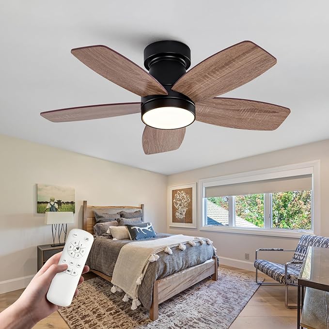 30 inch Ceiling Fans with Lights and Remote,Flush Mount Black Ceiling Fan,Memory Fuction Reversible Quiet DC Motor Low Profile Ceiling Fans For Living Room Bedroom Indoor Outdoor(Black Walnut)