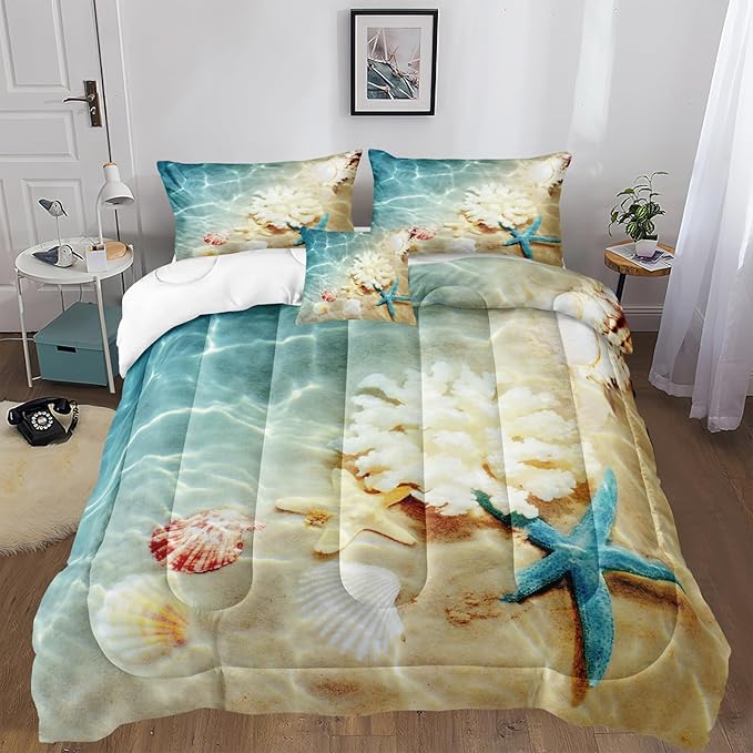 Bedbay Coastal Beach Comforter Set Queen Bedding Beach Theme Comforter Coastal Bedding Set Ocean Quilt Comforter Set Beach Decor Soft Microfiber Lightweigh Summer Comforter Set Queen (Coastal,Queen)
