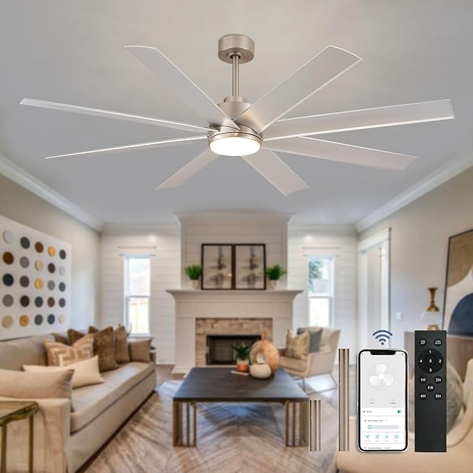 Depuley 72" Reversible Modern Ceiling Fan with Remote and APP Control, 3 CCT Dimmable Industrial Ceiling Fans with Light, Outdoor LED Ceiling Fan for Patios Factory Warehouse Living Room, Nickel