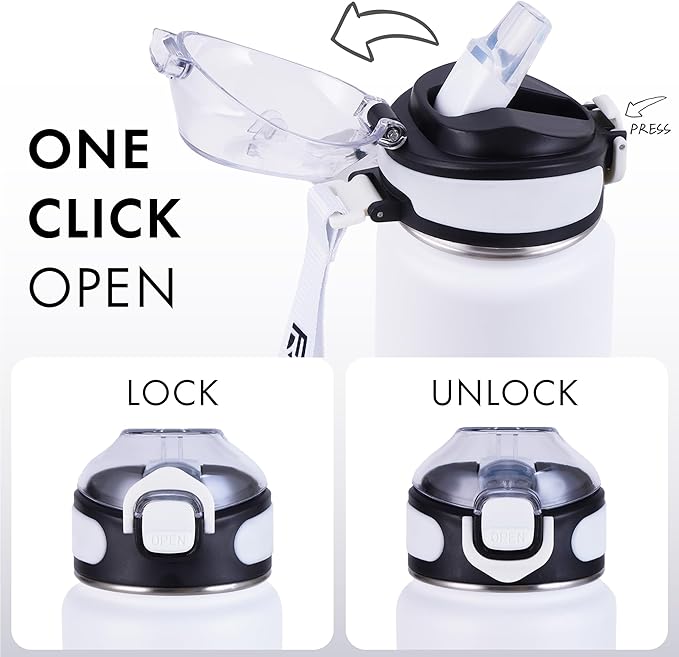 32 oz Insulated Water Bottle with Straw, Stainless Steel Metal Thermos Bottles, Durable Non-Slip Gradient Bottle with Strap for Sports and Travel, Leak Proof (Gray Black)