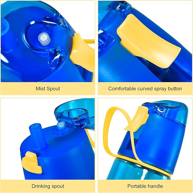 24 oz Sports Water Bottle with Spray Mist, Portable Water Mister Spray Bottle for Drinking, 2-in-1 Mist and Sip Bpa-Free Plastic Misting Water Bottle for Fitness and Outdoor, Blue 1 Pack