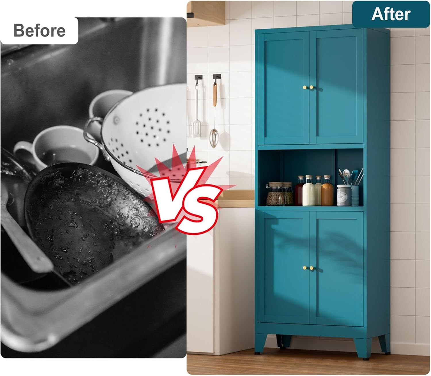 69" Tall Kitchen Pantry Cabinet, Metal Storage Cabinet with 4 Doors and Adjustbale Shelves, Freestanding Cupboards for Dining Room, Living Room, Bathroom