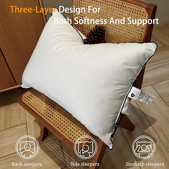 Natural Goose Down Pillows - White Down Pillow Standard Size - 550 Fill Power - Soft and Support Down Bed Pillow for Back,Side,Stomach Sleepers，2 Pack (20" x 26")