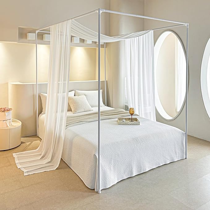 AIKASY White Bed Canopy Scarf for Full/Queen - Luxury Sheer Canopy Bed Curtains with Light - Suitable for Four-Poster Bed, Metal Bed Frame, Wood Bed Frame -1pic