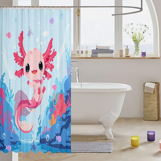 Feelyou Boys Girls Cute Axolotl Bath Curtain Ocean Sealife Shower Curtain Kids Cartoon Salamander Bathroom Shower Curtain Set Kawaii Teens Bathroom Accessories Room Decor 72"x78"