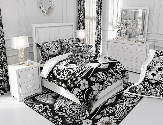 Feelyou Cute Cat Shower Curtain Damask Cat Fabric Shower Curtain for Kids Boys Girls Black White Cat Bathroom Waterproof Accessories with 12 Hooks Cartoon Cat Curtains,72x78 Inches