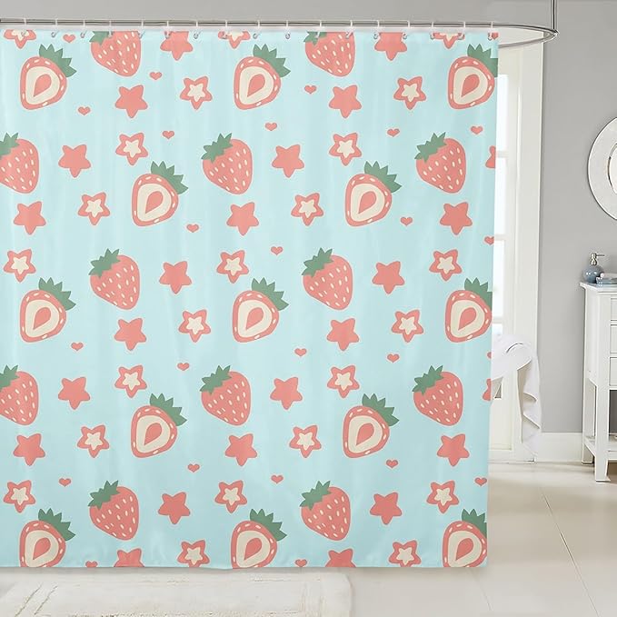 Feelyou Green Strawberry Bathroom Waterproof Accessories with 12 Hooks Kawaii Fruit Fabric Shower Curtain for Kids Boys Girls Cute Stars Strawberry Shower Curtain Kawaii Lovely Curtains,72x78 Inches