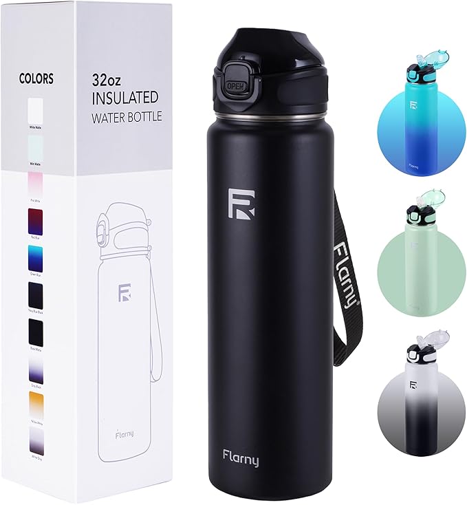 32 oz Insulated Water Bottle with Straw, Stainless Steel Metal Thermos Bottles, Durable Non-Slip Gradient Bottle with Strap for Sports and Travel, Leak Proof (Black Matte)