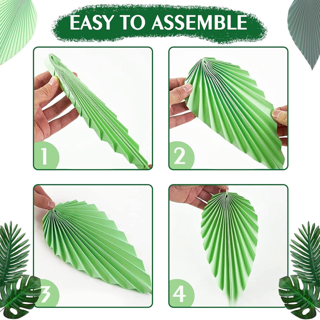 ADLKGG Green Gold Hanging Paper Leaves Wall Backdrop Decor, Paper Palm Leaves Fan Party Decorations for Forest Birthday Party Tropical Jungle Theme Classroom Decor, 12pcs