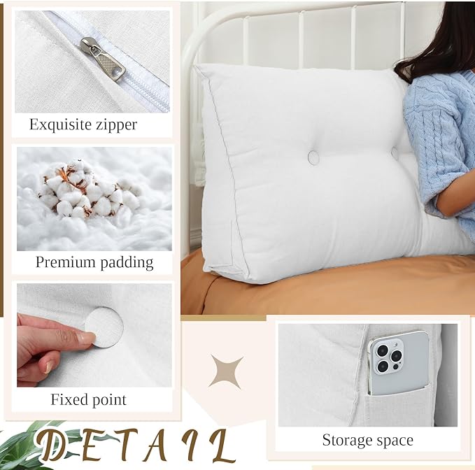 Wenqik Wedge Pillow Triangular Dorm Headboard Bed Rest Reading Backrest Back Support Long Bolster Pillow with Removable Cover for Dorm Room Supplies(White,Full (54 x 20 x 8 Inch))