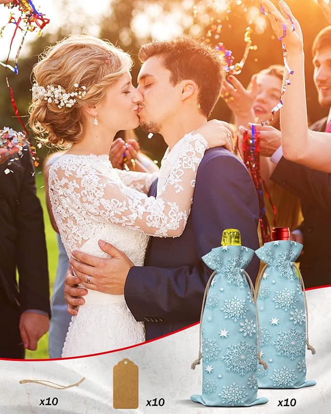 10 Pack Wine Bottle Bags, Christmas Snowflake Wine Bottle Cover with Drawstring, Winter Snowflake Green Backdrop Gift Bag for Champagne Wedding Birthday Party