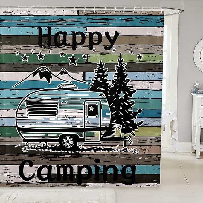 Feelyou Camper Shower Curtain Happy Camping Fabric Shower Curtain for Kids Boys Girls Wooden Rustic Style Bathroom Waterproof Accessories with 12 Hooks Rv Camping Curtains,72x78 Inches