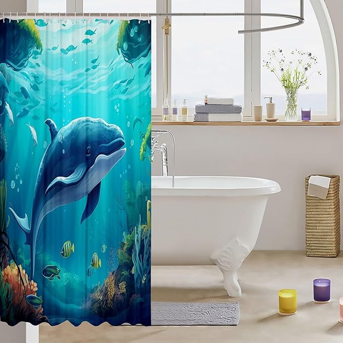 Feelyou Whale Shower Curtain Cute Whale Fabric Shower Curtain for Kids Boys Girls Blue Ocean Theme Bathroom Waterproof Accessories with 12 Hooks Ocean Animal Curtains,72x84 Inches