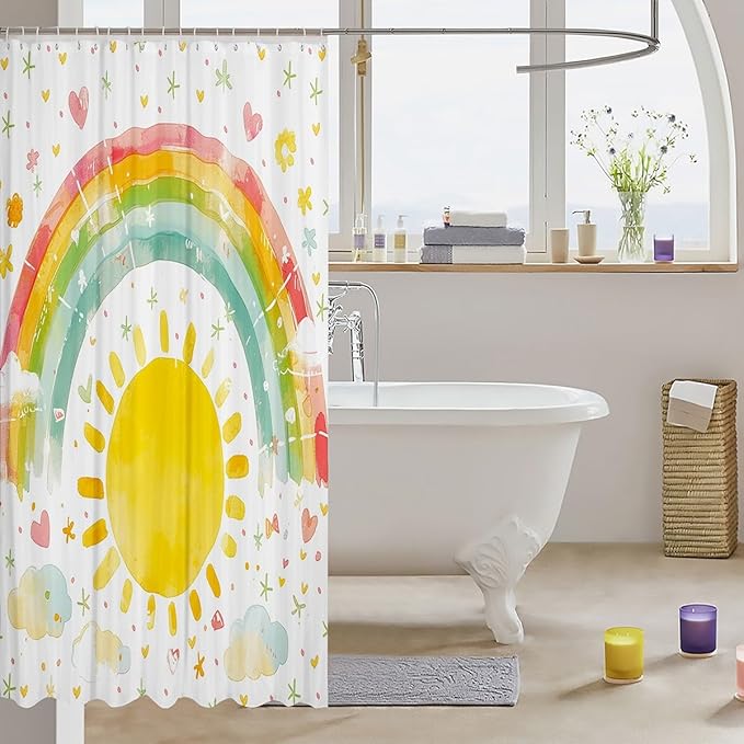 Feelyou Boys Girls Sun Bathroom Shower Curtain Set Rainbow Bath Curtain Colorful Shower Curtain Kids Cute Cartoon Teens Bathroom Accessories Room Decor 72"x84"