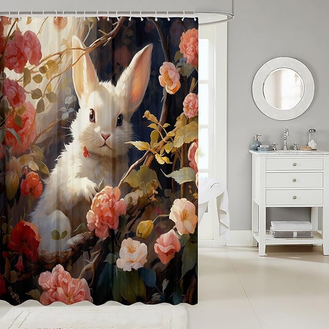 Feelyou Cute Rabbit Fabric Shower Curtain Cute Bunny Shower Curtain for Boys Girls 3D Print Bathroom Waterproof Accessories with 12 Hooks Pink Flower Curtains,72x78 Inches
