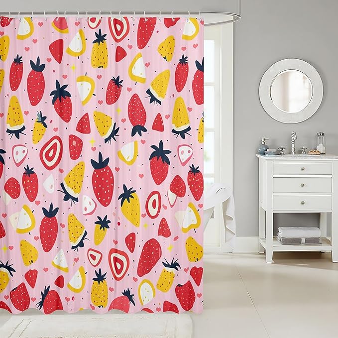 Feelyou Strawberry Fabric Shower Curtain Colour Shower Curtain for Kids Boys Girls Tropical Fruit Print Bathroom Waterproof Accessories with 12 Hooks Fresh Pineapple Pattern Curtains,72x72 Inches
