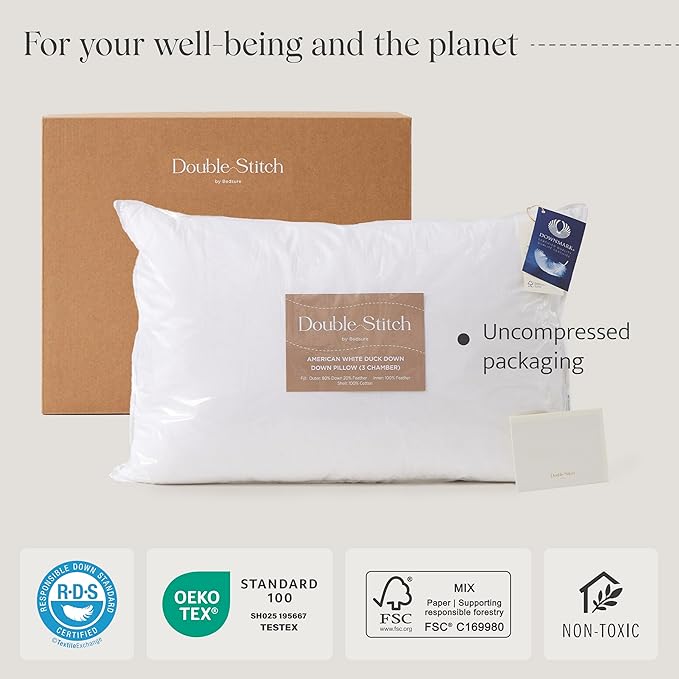Double Stitch Luxury US White Down Pillow - Made in Canada, 400 Thread Count 100% Cotton Shell, Firm 700 Fill Power Down Bed Pillow, Soft Sleeping Pillow 3-Chamber, King(20" x 36")
