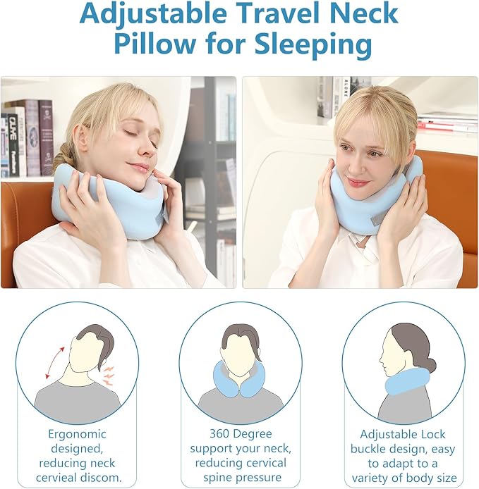 Neck Pillow Airplane, 100% Memory Foam Travel Pillow for Flight, Portable Adjustable Neck Pillow for Airplane, Car, Train, Bus, Removable and Washable Pillowcase, with Sleep mask and Earplugs