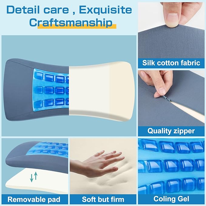 Gel Lumbar Support Pillow for Sleeping with Adjustable Pad Relief Lower Back Pain: Cooling Back Support Pillow for Bed - Ergonomic Memory Foam Wedge Bolster Pillow for Side, Back and Stomach Sleepers