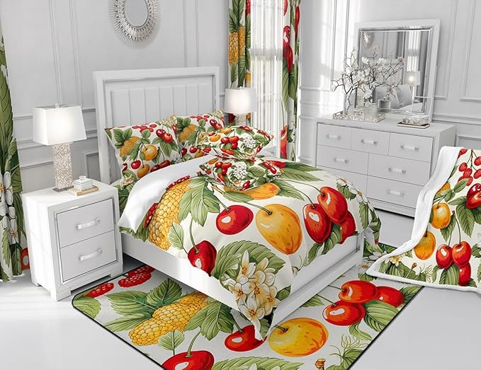 Feelyou Cherry Orange Shower Curtain Fruit Fabric Shower Curtain for Kids Boys Girls Summer Theme Bathroom Waterproof Accessories with 12 Hooks Bright Colorful Curtains,72x72 Inches