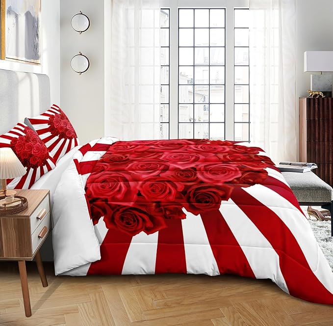 Bedbay Rose Flowers Queen Comforter Set Floral Bedding Set for Girls Teen Red Rose Love Heart Printed 4 Pieces Girls Queen Bedding Set Romantic Lovers Couple Bedding Set (Red Heart,Queen)