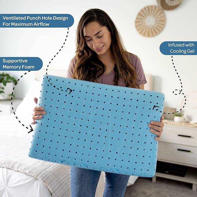 Pharmedoc Cooling Memory Foam Pillows, 2 Pack, Ventilated Cool Blue Bed Pillow, Reading and Bed Rest Pillows, Standard, Back Sleeper and Side Sleeper Support, Sleeping Pillows for Adults