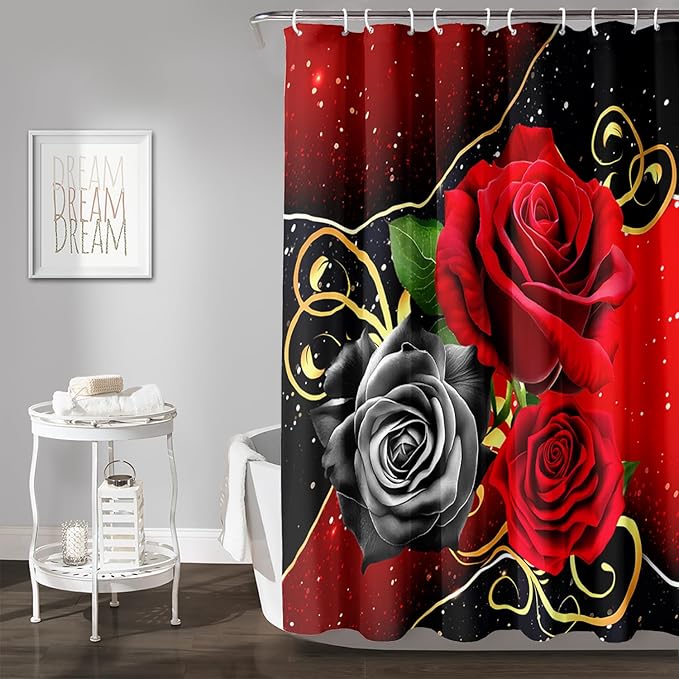 AILONEN Romantic Red Rose Flower Shower Curtain,Red and Black Floral Bath Curtain,Modern Flower Waterproof Curtain for Bathroom Decor, 72" W x 78" H